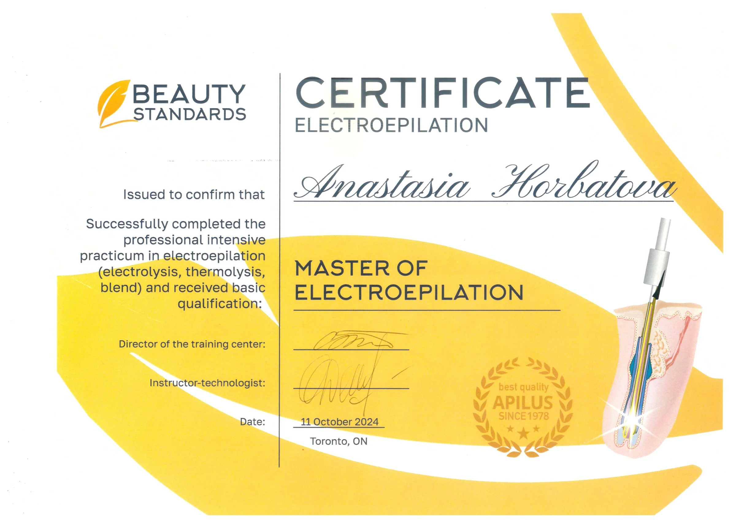 Сертифікат — Майстер електроепіляції, Beauty Standards, Торонто, 11 жовтня 2024