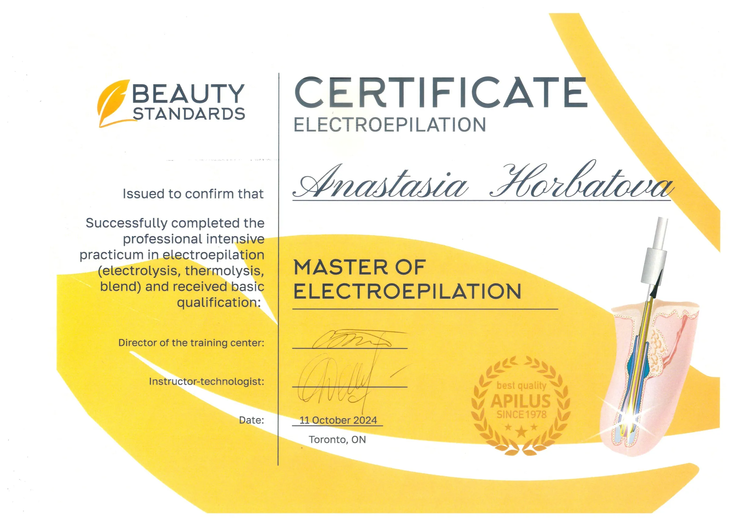 Сертифікат — Майстер електроепіляції, Beauty Standards, Торонто, 11 жовтня 2024